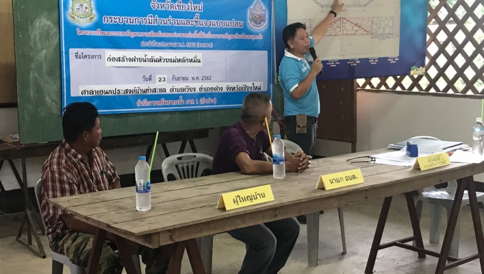 สทภ.1 โดยส่วนประสานและบริหารจัดการมน้ำปิงตอนบนลงพื้นที่เพื่อชี้แจงทำความเข้าใจโครงการแก้ไขและบรรเทาปัญหาความเดือดร้อนของประชาชนในพื้นที่อันเนื่องมาจากภัยแล้งอุทกภัย อำเภอฝาง จังหวัดเชียงใหม่