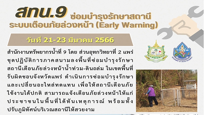 สทน.9 ปฏิบัติการภาคสนามลงพื้นที่ซ่อมบำรุงรักษาสถานีเตือนภัยล่วงหน้า (Early Warning) ระหว่างวันที่ 21-23 มี.ค.2566