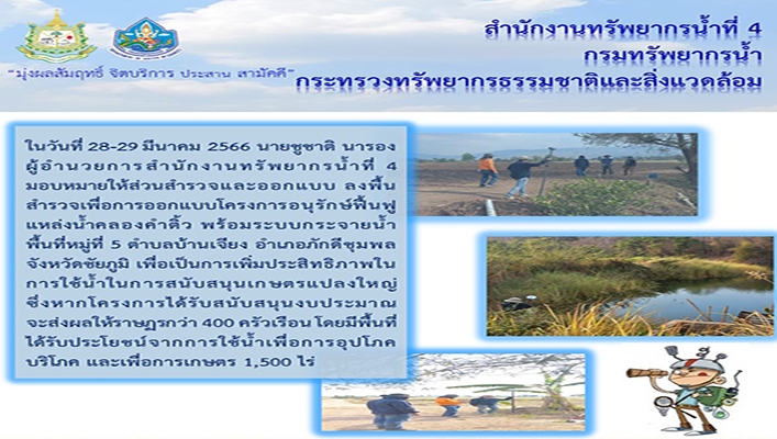 สทน.4 ลงพื้นที่สำรวจเพื่อออกแบบโครงการอนุรักษ์ฟื้นฟูแหล่งน้ำคลองคำติ้ว พร้อมระบบกระจายน้ำพื้นที่หมู่ที่ 5 ต.บ้านเจียง อ.ภักดีชุมพล จ.ชัยภูมิ