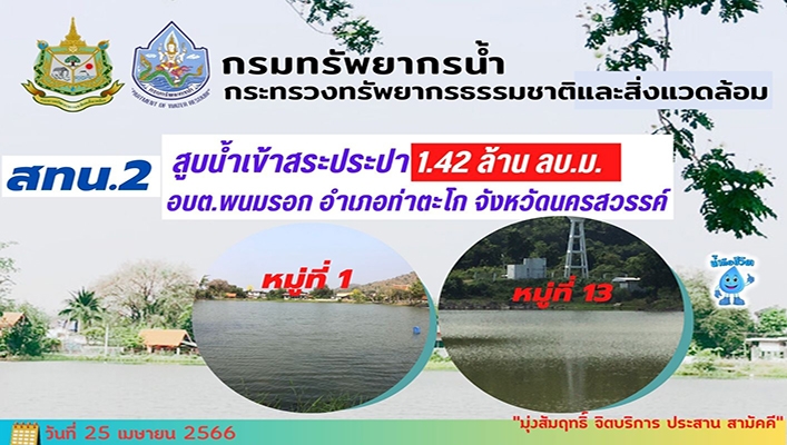 สทน.2 สูบน้ำเข้าสระประปา 1.42 ล้าน ลบ.ม. อบต.พนมรอก อ.ท่าตะโก จ.นครสวรรค์