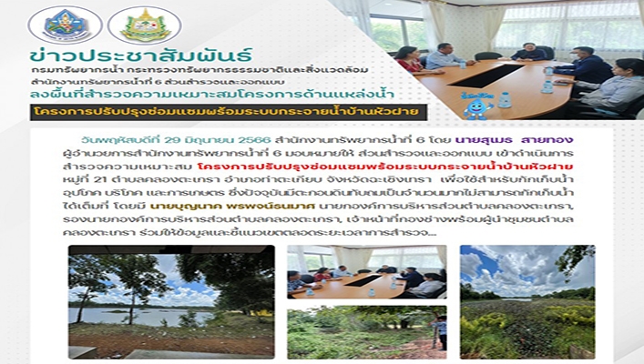 สทน.6 ลงพื้นที่สำรวจความเหมาะสมโครงการด้านแหล่งน้ำ โครงการปรับปรุงซ่อมแซมพร้อมระบบกระจายน้ำบ้านหัวฝาย