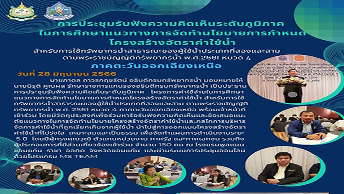 กรมทรัพยากรน้ำ ประชุมรับฟังความคิดเห็นระดับภูมิภาคในการศึกษาแนวทางการจัดทำนโยบายการกำหนดโครงสร้างอัตราค่าใช้น้ำ สำหรับการใช้ทรัพยากรน้ำสาธารณะของผู้ใช้น้ำประเภทที่สองและสาม ตามพระราชบัญญัติทรัพยากรน้ำ พ.ศ.2561 หมวด 4 ภาคตะวันออกเฉียงเหนือ
