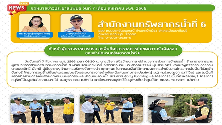 สทน.6 หัวหน้าผู้ตรวจราชการกรม ลงพื้นที่ตรวจราชการในเขตความรับผิดชอบของสำนักงานทรัพยากรน้ำที่ 6