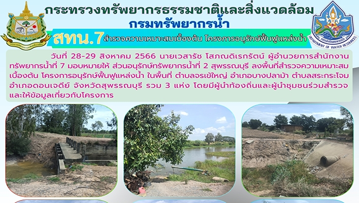 สทน.7 สำรวจความเหมาะสมเบื้องต้น โครงการอนุรักษ์ฟื้นฟูแหล่งน้ำ จังหวัดสุพรรณบุรี รวม 3 แห่ง