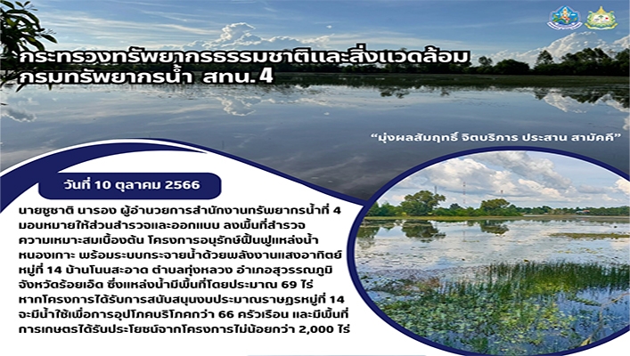 สทน.4 ลงพื้นที่สำรวจความเหมาะสมเบื้องต้น โครงการอนุรักษ์ฟื้นฟูแหล่งน้ำหนองเกาะ พร้อมระบบกระจายน้ำด้วยพลังงานแสงอาทิตย์ จ.ร้อยเอ็ด