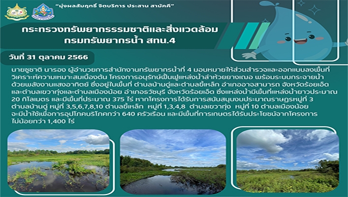 สทน.4 ลงพื้นที่วิเคราะห์ความเหมาะสมเบื้องต้น โครงการอนุรักษ์ฟื้นฟูแหล่งน้ำลำห้วยยางเฌอ พร้อมระบบกระจายน้ำด้วยพลังงานแสงอาทิตย์ จังหวัดร้อยเอ็ด