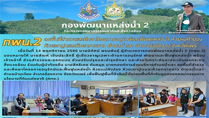 กพน.2 ลงพื้นที่สำรวจและศึกษาโครงการอนุรักษ์และฟื้นฟูแหล่งน้ำ ห้วยแม่คำปอง ห้วยเตาปูน และห้วยทรายขาว จังหวัดแพร่