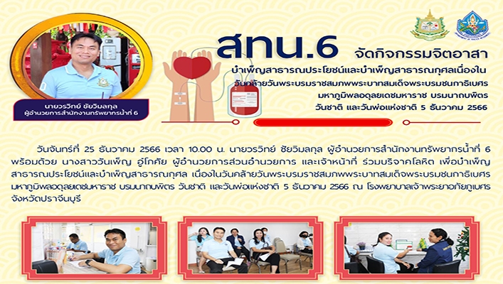 สทน.6 จัดกิจกรรมจิตอาสาบำเพ็ญสาธารณประโยชน์และบำเพ็ญสาธารณกุศลเนื่องในวันคล้ายวันพระบรมราชสมภพพระบาทสมเด็จพระบรมชนกาธิเบศร มหาภูมิพลอดุลยเดชมหาราช บรมนาถบพิตร