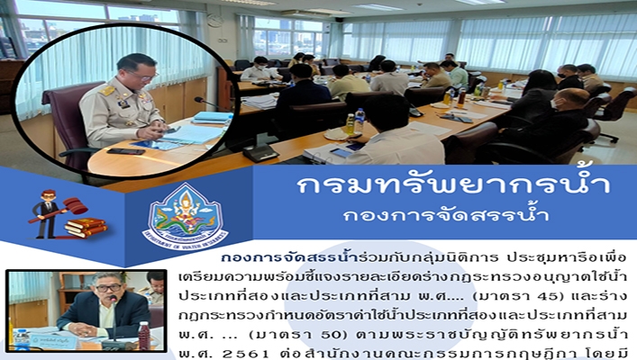 กองจัดสรรน้ำร่วมกับกลุ่มนิติการ ประชุมหารือเพื่อเตรียมความพร้อมชี้แจงรายละเอียดร่างกฎกระทรวงอนุญาตใช้น้ำ