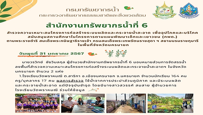 สทน.6 สำรวจความเหมาะสมโครงการก่อสร้างระบบผลิตและกระจายน้ำสะอาด เพื่ออุปโภคและบริโภค สนับสนุนสถานศึกษาในโครงการตามแผนพัฒนาเด็กและเยาวชน (กพด.)
