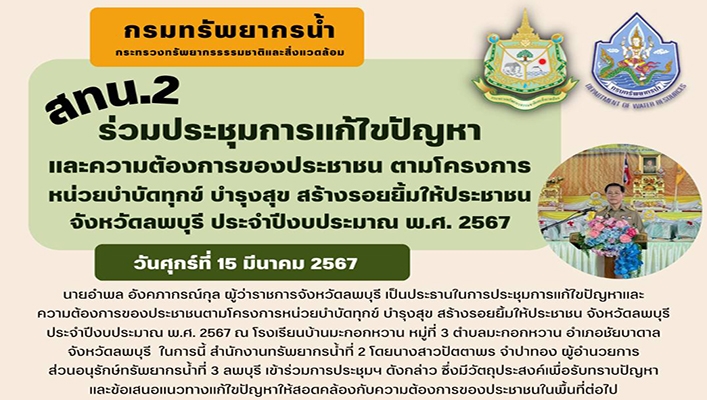 สทน.2 ร่วมการแก้ไขปัญหาและความต้องการของประชาชน ตามโครงการหน่วยบำบัดทุกข์ บำรุงสุข สร้างรอยยิ้มให้ประชาชน จ.ลพบุรี ประจำปีงบประะมาณ พ.ศ.2567