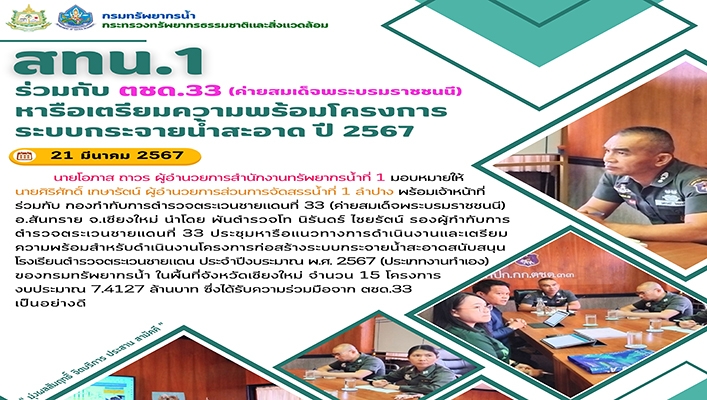 สทน.1 ร่วมกับ ตชด.33 (ค่ายสมเด็จพระบรมราชชนนี) หารือเตรียมความพร้อมโครงการระบบกระจายน้ำสะอาด ปี 2567