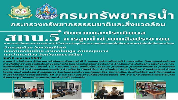 สทน.5 ติดตามและประเมินผลการสูบน้ำช่วยเหลือประชาชน ตามภารกิจโครงการบริหารจัดการน้ำในสภาวะวิกฤติและภาวปกตินอกเขตพื้นที่ชลประทานหรือในพื้นที่เกษตรน้ำฝน