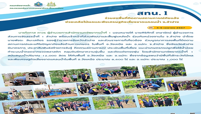 สทน.1 ร่วมลงพื้นที่ติดตามสถานการณ์ภัยแล้งช่วยเหลือไม้ผลและพืชเศรษฐกิจเสี่ยงขาดแคลนน้ำ จ.ลำปาง