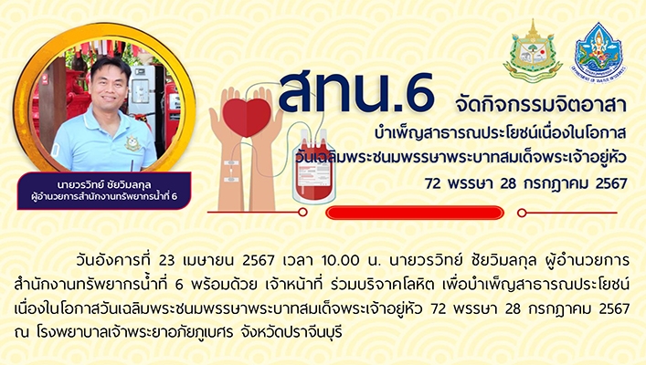 สทน.6 จัดกิจกรรมจิตอาสาบำเพ็ญประโยชน์เนื่องในโอกาศวันเฉลิมพระชนมพรรษาพระบาทสมเด็จพระเจ้าอยู่หัว 72 พรรษา 28 กรกฎาคม 2567