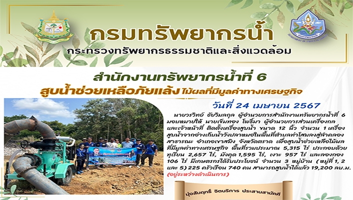 สทน.6 สูบน้ำช่วยเหลือภัยแล้งไม้ผลที่มีมูลค่าทางเศรษฐกิจ