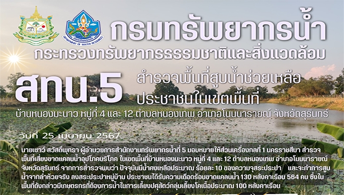 สทน.5 สำรวจพื้นที่สูบน้ำช่วยเหลือประชาชนในพื้นที่ จ.สุรินทร์