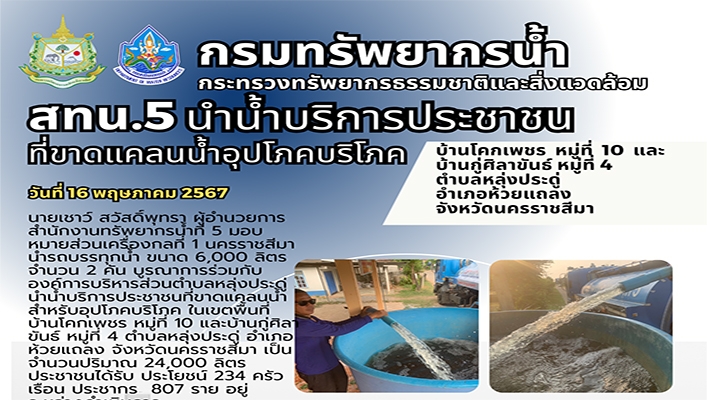สทน.5 นำน้ำบริการประชาชนที่ขาดแคลนน้ำอุปโภคบริโภค จ.นครราชสีมา