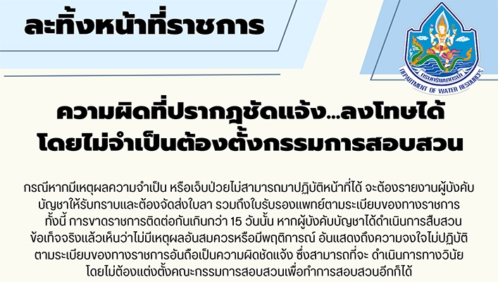 การละทิ้งหน้าที่ราชการ ความผิดที่ปรากฎชัดแจ้ง ... ลงโทษได้โดยไม่จำเป็นต้องตั้งกรรมการสอบสวน
