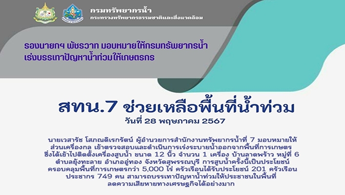 สทน.7 ช่วยเหลือพื้นที่น้ำท่วม จ.สุพรรณบุรี