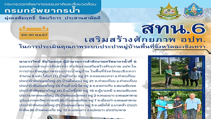 สทน.6 เสริมสร้างศักยภาพ อปท. ในการประเมินคุณภาพระบบประปาหมู่บ้าน ในพื้นที่ จ.ฉะเชิงเทรา
