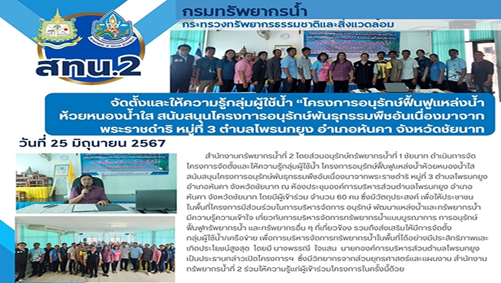 สทน.1 จัดตั้งและให้ความรู้กลุ่มผู้ใช้น้ำโครงการอนุรักษ์ฟื้นฟูแหล่งน้ำห้วยหนองน้ำใส จ.ชัยนาท