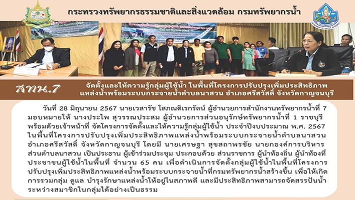 สทน.7 จัดตั้งและให้ความรู้กลุ่มผู้ใช้น้ำ ในพื้นที่โครงการปรับปรุงเพิ่มประสิทธิภาพแหล่งน้ำพร้อมระบบกระจายน้ำตำบลนาสวน จ.กาญจนบุรี