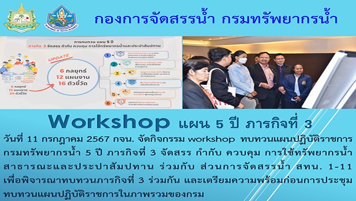 กจน. จัดกิจกรรม workshop ทบทวนแผนปฏิบัติราชการกรมทรัพยากรน้ำ 5 ปี ภารกิจที่ 3 จัดสรร กำกับ ควบคุม การใช้ทรัพยากรน้ำสาธารณะและประปาสัมปทาน