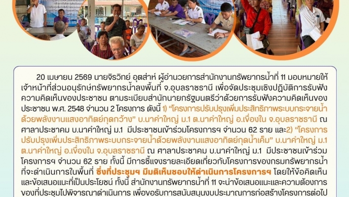 ทส. ทน. สทน.11 ส่วนอนุรักษ์ทรัพยากรน้ำ จัดประชุมโครงการรับฟัง ความคิดเห็นของประชาชนตามระเบียบสำนักนายกรัฐมนตรีฯ ในพื้นที่จังหวัดอุบลราชธานี