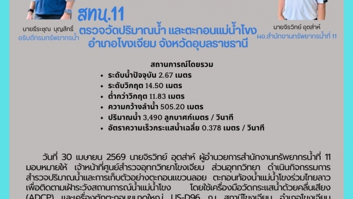 ทส.ทน. สทน.11 ส่วนอุทกวิทยาตรวจวัดปริมาณน้ำ และตะกอนแม่น้ำโขงอำเภอโขงเจียม จังหวัดอุบลราชธานี
