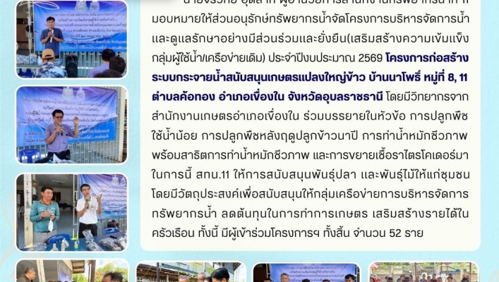ทส. ทน. สทน.11  ส่วนอนุรักษ์ทรัพยากรน้ำเข้าดำเนินกิจกรรมการเสริมสร้างความเข้มแข็งกลุ่มผู้ใช้น้ำเพื่อการเป็นองค์กรผู้ใช้น้ำนอกพื้นที่ชลประทานในพื้นที่ จังหวัดอุบลราชธานี