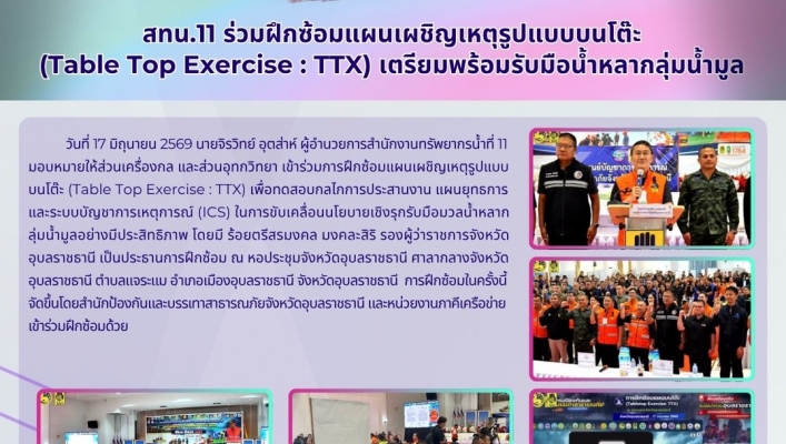 ทส. ทน. สทน.11 ส่วนเครื่องกล และส่วนอุทกวิทยา ร่วมฝึกซ้อมแผนเผชิญเหตุรูปแบบบนโต๊ะ (Table Top Exercise : TTX) เตรียมพร้อมรับมือน้ำหลากลุ่มน้ำมูล