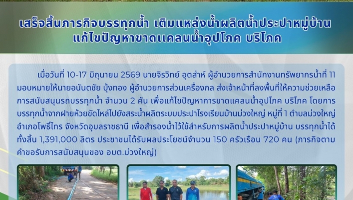 ทส. ทน. สทน.11 ส่วนเครื่องกล เสร็จสิ้นภารกิจบรรทุกน้ำ เติมแหล่งน้ำผลิตน้ำประปาหมู่บ้าน แก้ไขปัญหาขาดเเคลนน้ำอุปโภค บริโภค