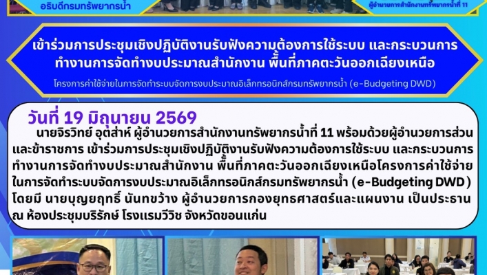 ทส. ทน. สทน.11  เข้าร่วมการประชุมเชิงปฏิบัติงานรับฟังความต้องการใช้ระบบ และกระบวนการทำงานการจัดทำงบประมาณสำนักงาน พืั้นที่ภาคตะวันออกเฉียงเหนือ