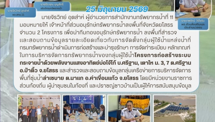 ทส. ทน. สทน.11 ส่วนอนุรักษ์ทรัพยากรน้ำ ประสานงานเเละติดตามการดำเนินงาน การบริหารจัดการทรัพยากรน้ำสาธารณะและพื้นที่ชุ่มน้ำ ในพื้นที่ จังหวัดยโสธร