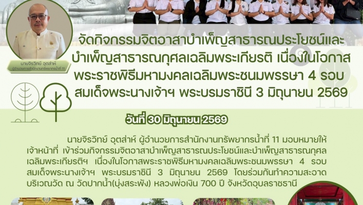 ทส. ทน. สทน.11 จัดกิจกรรมจิตอาสาบำเพ็ญสาธารณประโยชน์และบำเพ็ญสาธารณกุศลเฉลิมพระเกียรติ เนื่องในโอกาสพระราชพิธีมหามงคลเฉลิมพระชนมพรรษา 4 รอบสมเด็จพระนางเจ้าฯ พระบรมราชินี 3 มิถุนายน 2569 นายจิรวิทย์ อุตส่าห์ ผู้อำนวยการสำนักงานทรัพยา