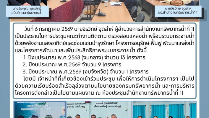 ทส. ทน. สทน.11  ส่วนพัฒนาและฟื้นฟูแหล่งน้ำ  ประชุมคณะทำงานติดตาม ตรวจสอบแหล่งน้ำ พร้อมระบบกระจายน้ำด้วยพลังงานแสงอาทิตย์และซ่อมแซมบำรุงรักษา โครงการอนุรักษ์ ฟื้นฟู พัฒนาแหล่งน้ำและโครงการพัฒนาและเพิ่มประสิทธิภาพระบบกระจายน้ำ