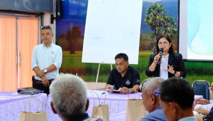 สทน.8 สอน.1 สงขลา จัดเวทีรับฟังความคิดเห็นของประชาชน โครงการก่อสร้างระบบกระจายน้ำสนับสนุนพื้นที่ คทช. ตำบลตะโหมด จังหวัดพัทลุง
