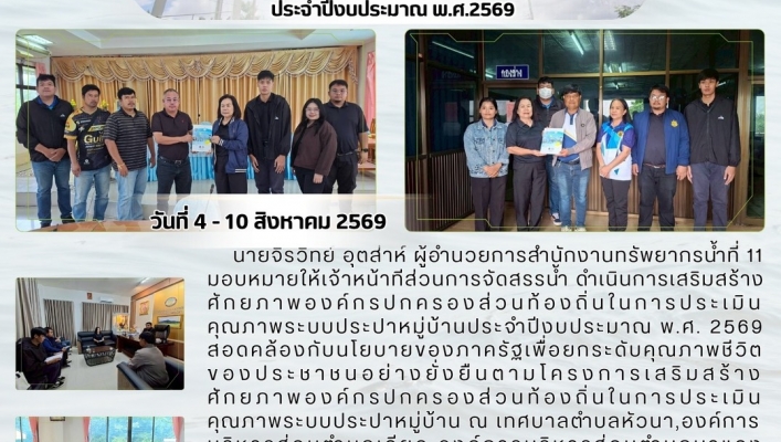 ทส. ทน. สทน.11  ส่วนการจัดสรรน้ำ ดำเนินงานโครงการเสริมสร้างศักยภาพองค์กรปกครองส่วนท้องถิ่นในการประเมินคุณภาพระบบประปาหมู่บ้าน ประจำปีงบประมาณ พ.ศ.2569