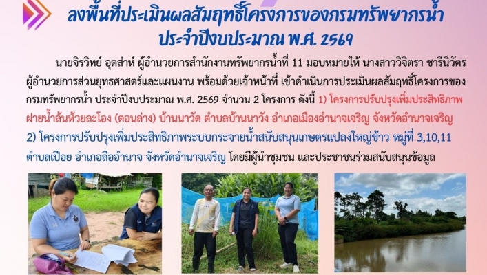 ทส. ทน. สทน.11  ส่วนยุทธศาสตร์และแผนงาน เข้าดำเนินการประเมินผลสัมฤทธิ์โครงการของกรมทรัพยากรน้ำ ประจำปีงบประมาณ พ.ศ. 2569