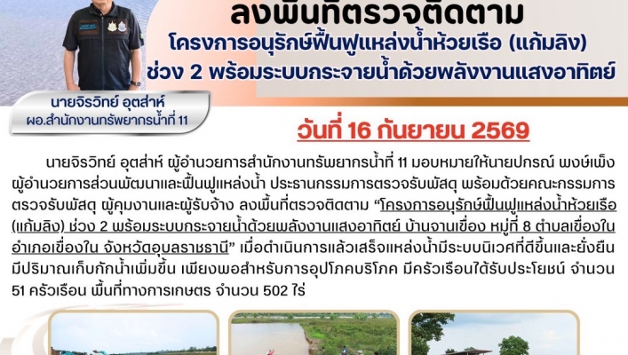 ทส. ทน. สทน.11 ส่วนพัฒนาและฟื้นฟูแหล่งน้ำ ลงพื้นที่ตรวจติดตามโครงการอนุรักษ์ฟื้นฟูแหล่งน้ำห้วยเรือ (แก้มลิง) ช่วง 2 พร้อมระบบกระจายน้ำด้วยพลังงานแสงอาทิตย์